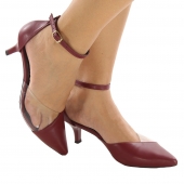 SALOMÉ NO SALTO 5 CM NAPA MARSALA COM DETALHE ACRÍLICO TRANSPARENTE PALMILHA CONFORT E SOLA ANTIDERRAPANTE